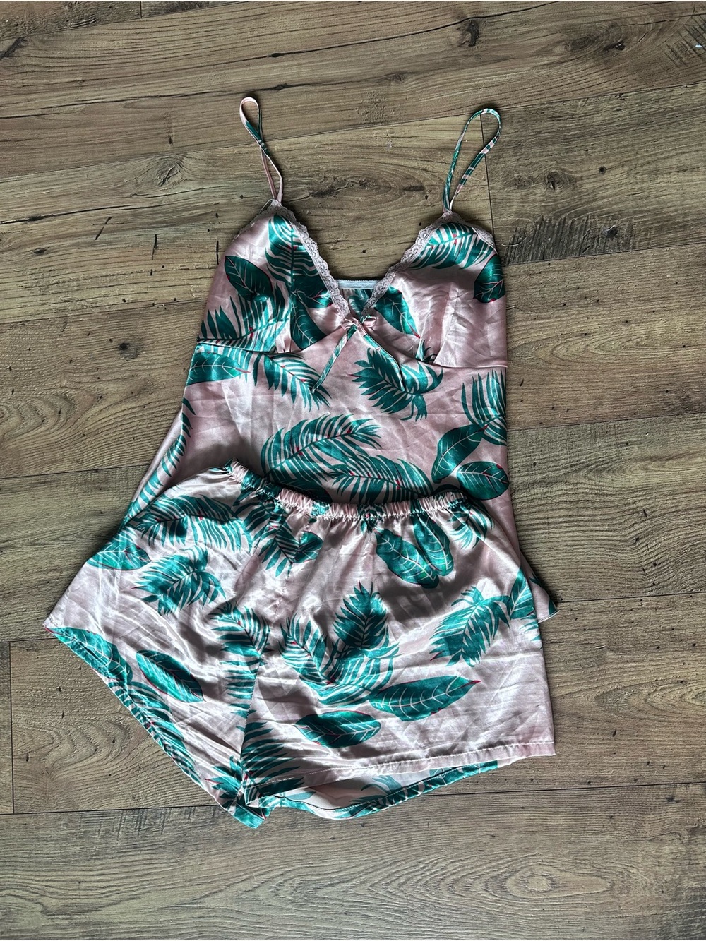 Women's Pink Satin Leaf-Print Cami & Short Sleep Set